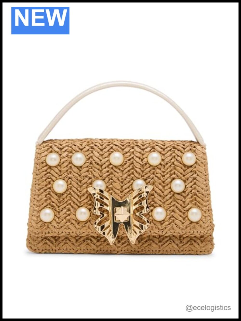 Betsey Johnson Raffia Mini Top Handle Handbag with Faux Pearl Turnlock